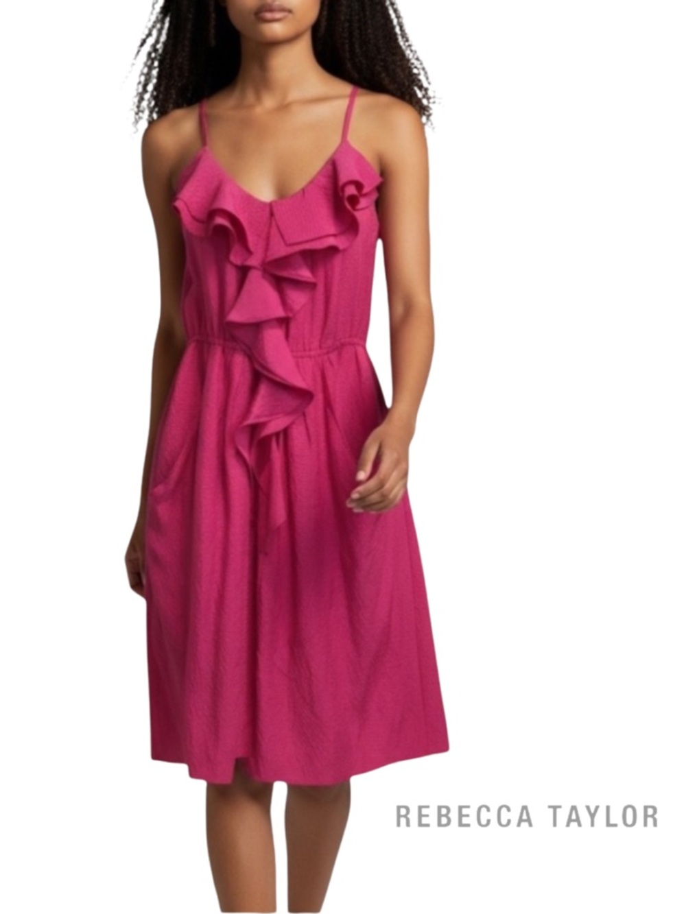 REBECCA TAYLOR new Silk Raspberry Fuchsia Cami Ruffle Dress Midi Sundress NWOT - Picture 1 of 16